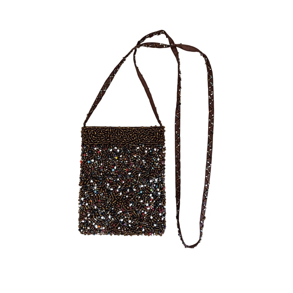 Vintage Beaded Crossbody Shoulder Bag Brown Multi Color Seed Bead Festival Purse